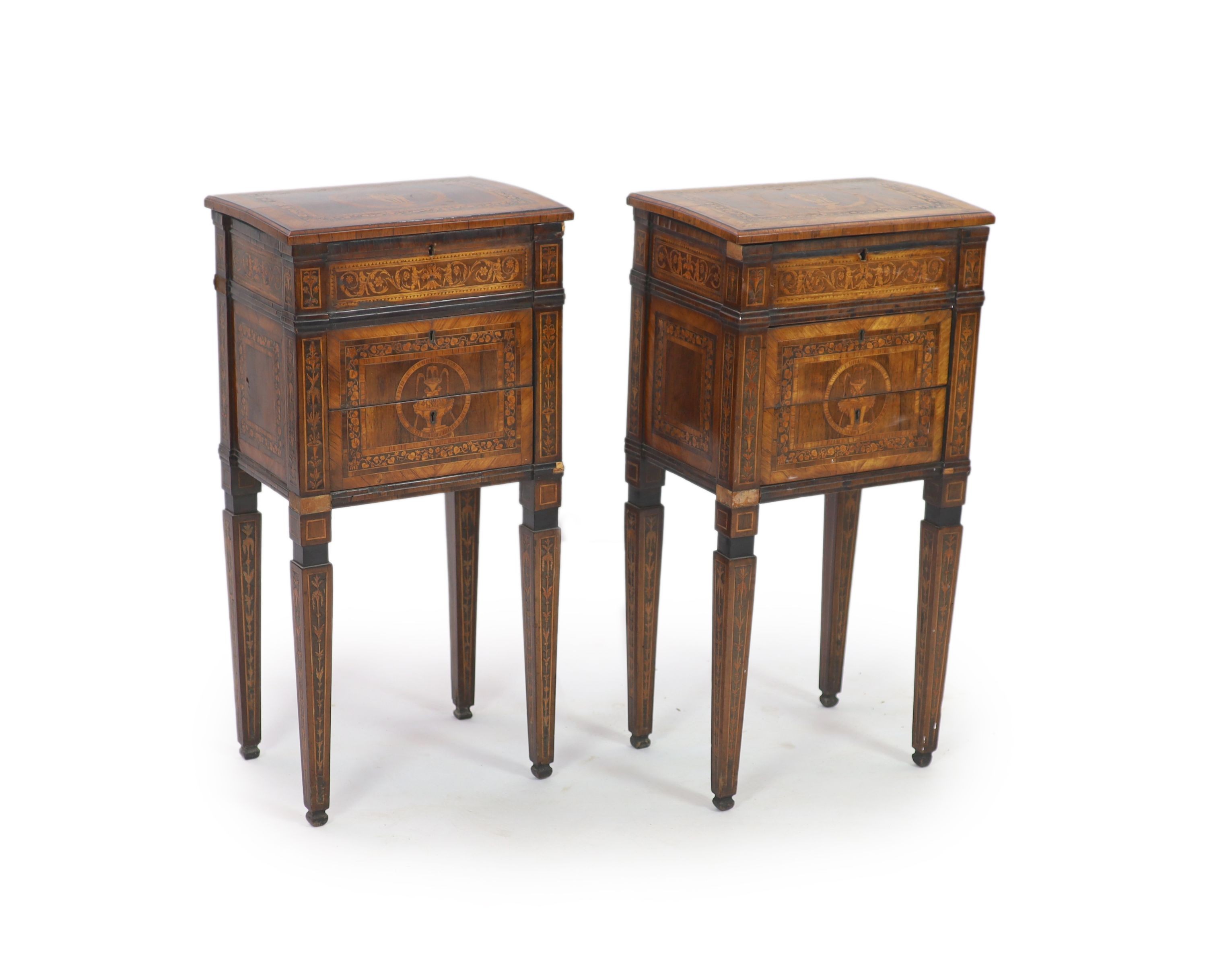 A pair of 18th century Italian Milanese walnut and marquetry neo-classical 'Comodini' in the manner of Giuseppe Maggiolini, W 41cm D 31cm H 81cm